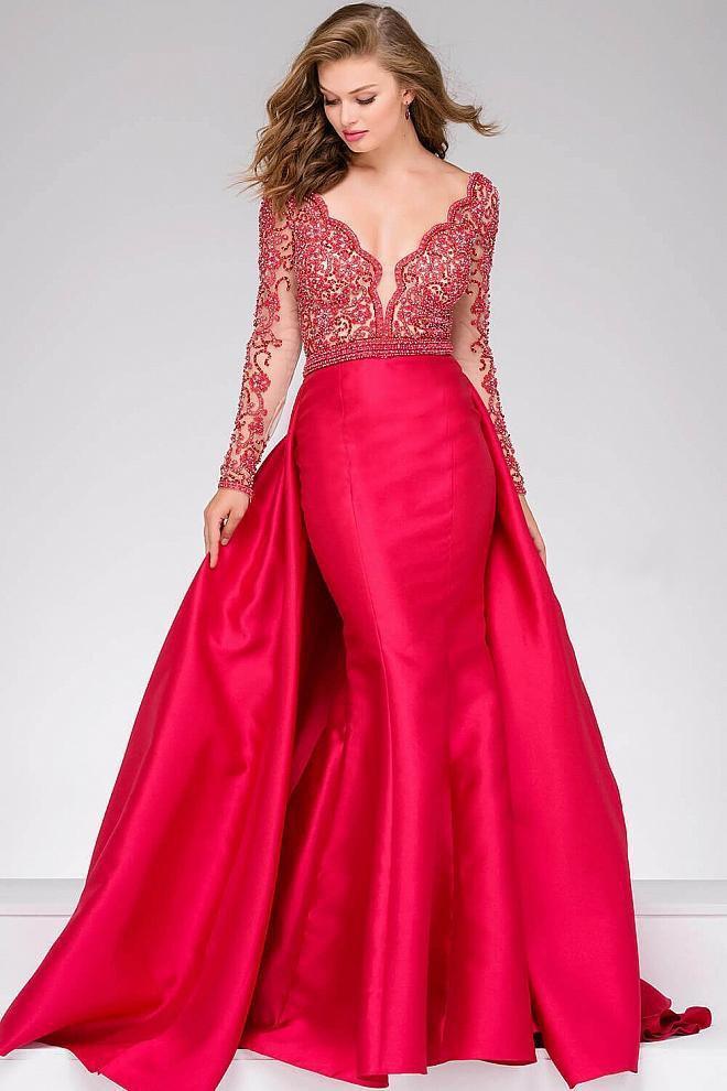 Jovani - Embellished V-Neck Overskirt Gown 46708A CCSALE 12 / Crimson