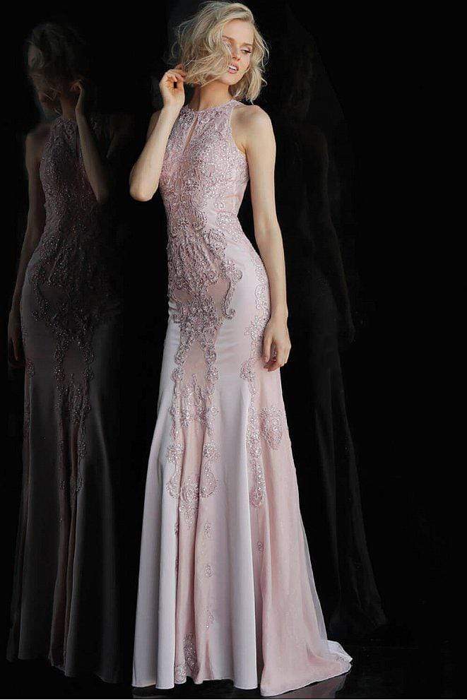 Jovani - JVN55869SC Halter Open Back Lace Sheath Evening Gown