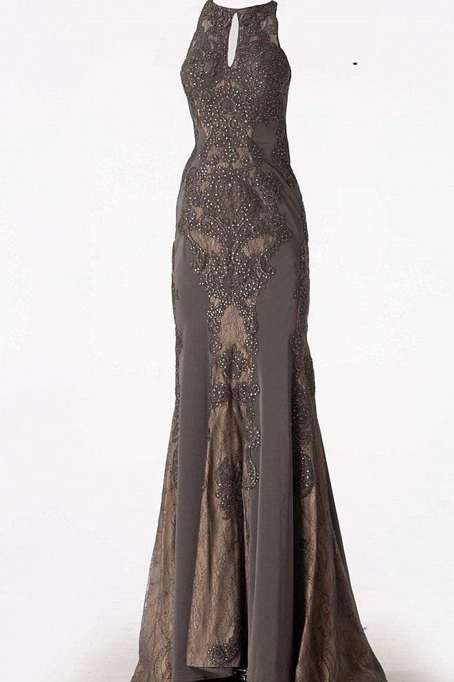 Jovani - JVN55869SC Halter Open Back Lace Sheath Evening Gown