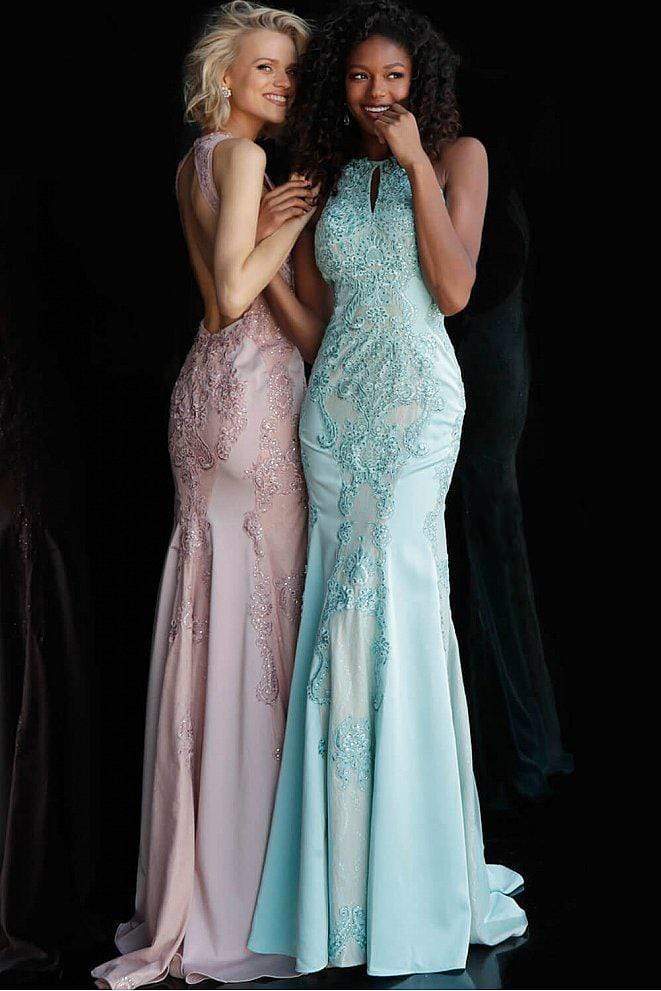 Jovani - JVN55869SC Halter Open Back Lace Sheath Evening Gown