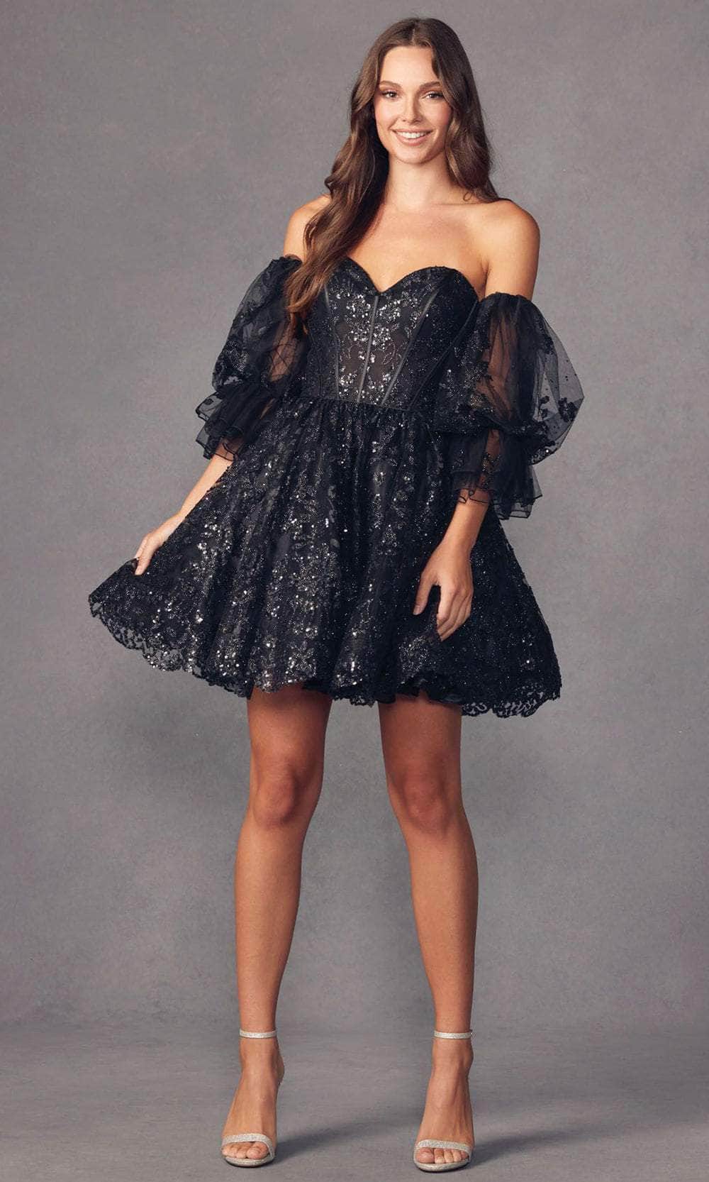 Short Puff Sleeve Glitter Print A-Line Dress by Juliet 895 - Black / L Short Puff Sleeve Glitter Print A-Line Dress by Juliet 895 - Black / L