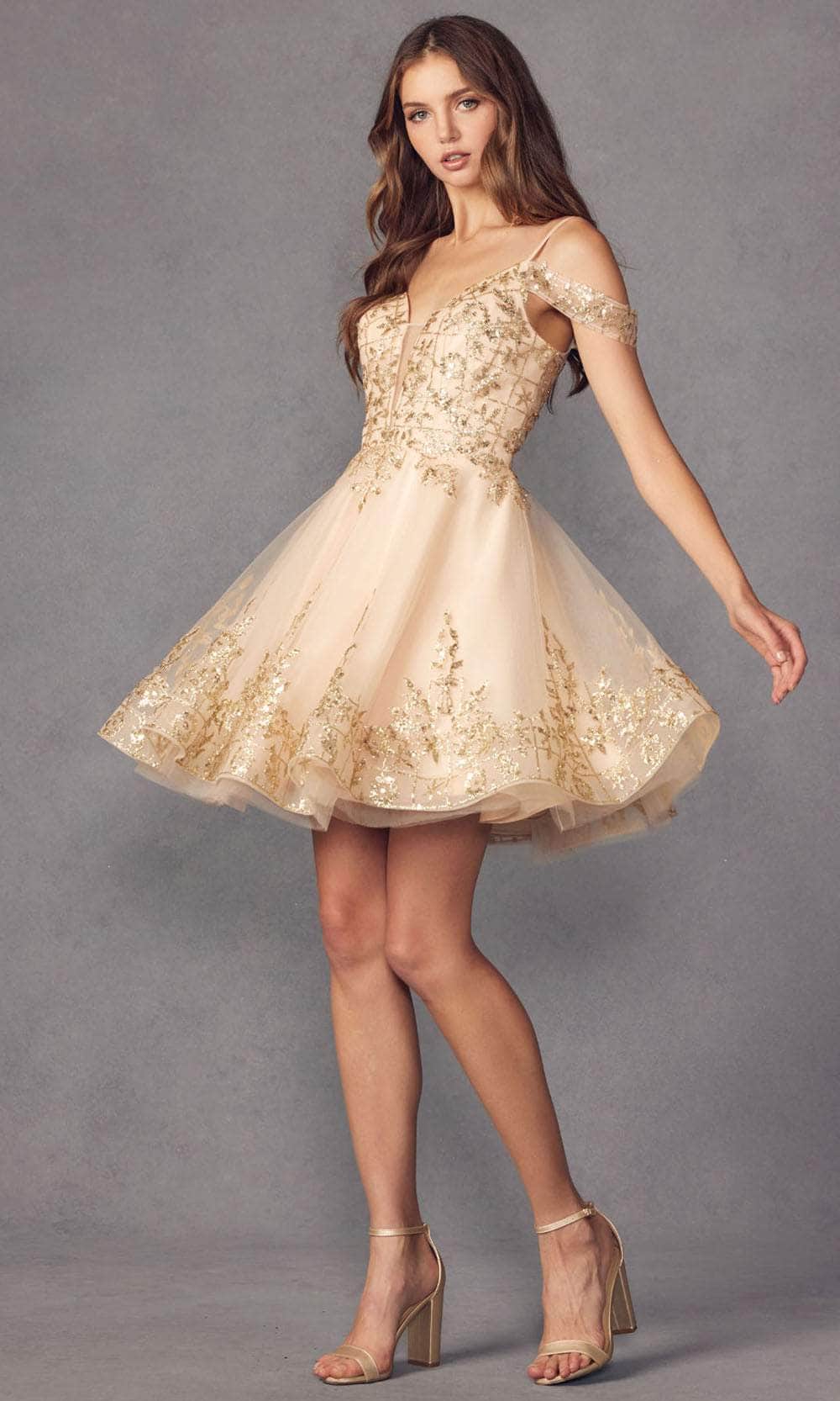 Juliet Dresses 903 - Short A-Line Dress - Cold-Shoulder, Sheer Insert, Glitter Print, Lace-Up Tie, Back Zipper Closure ADASA Juliet Dresses 903 - Short A-Line Dress - Cold-Shoulder, Sheer Insert, Glitter Print, Lace-Up Tie, Back Zipper Closure ADASA