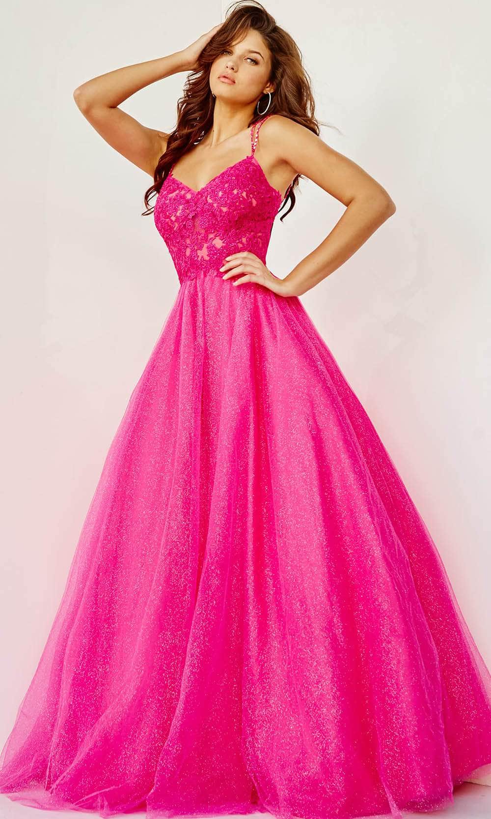 JVN by Jovani JVN67051 - Long Tulle/Metallic A-Line Dress - Double Spaghetti Straps, Beaded with Stones, Embroidered Bodice, Midrise Back, Invisible JVN by Jovani JVN67051 - Long Tulle/Metallic A-Line Dress - Double Spaghetti Straps, Beaded with Stones, Embroidered Bodice, Midrise Back, Invisible