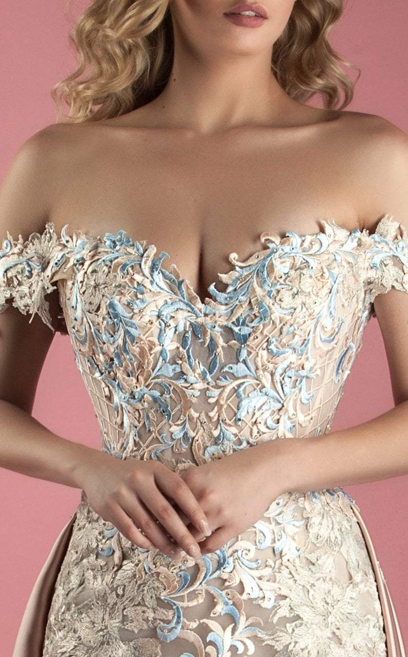 MNM COUTURE - K3556 Off the Shoulder Applique Gown with Overskirt In Pink