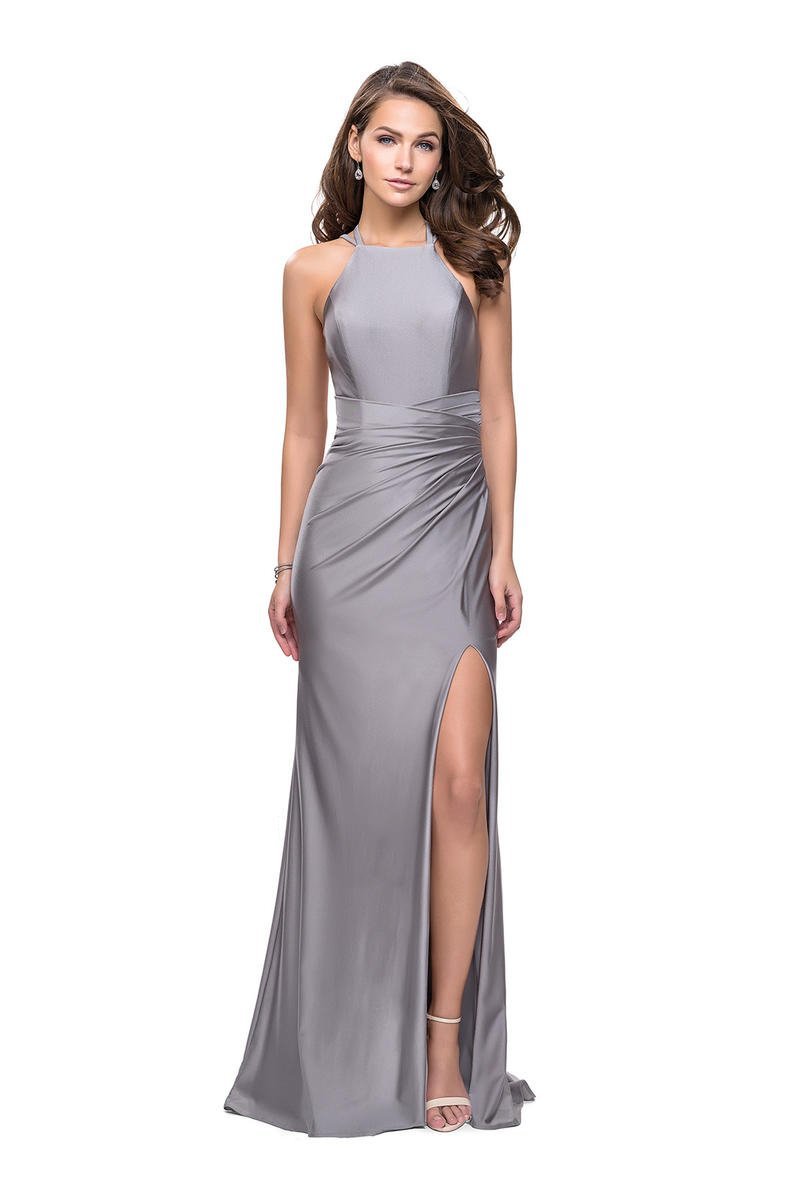 La Femme - 26141 High Halter Draped Jersey Sheath Gown Special Occasion Dress 00 / Silver