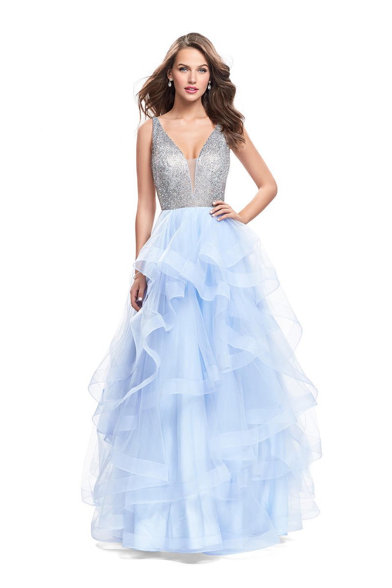 La Femme - 26223 Metallic Beaded Plunging Bodice Tulle Ballgown Special Occasion Dress 00 / Light Blue