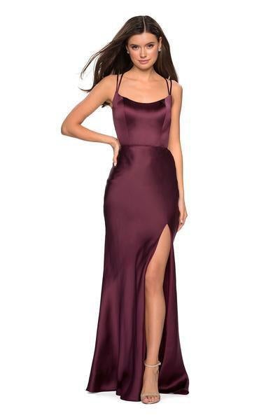 La Femme - 27010 Strappy Scoop Evening Gown with Slit Evening Dresses 00 / Wine