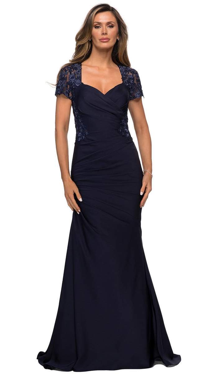 La Femme - 27989SC Sheer Lace Sleeve Sweetheart Neck Trumpet Dress CCSALE 18 / Navy
