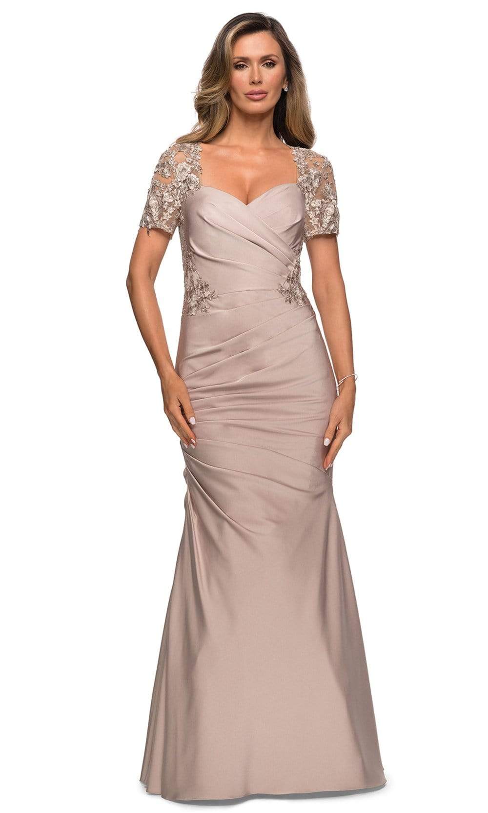 La Femme - 27989SC Sheer Lace Sleeve Sweetheart Neck Trumpet Dress CCSALE 6 / Frost Rose
