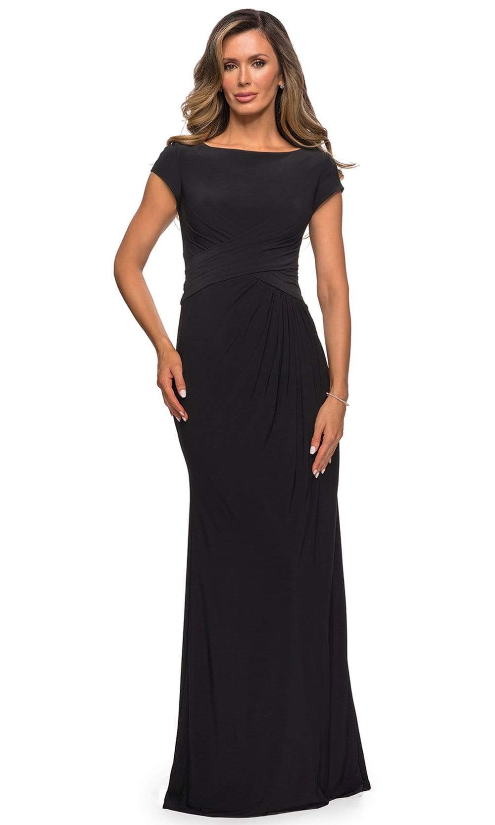 La Femme - 28026 Bateau Neck Cap Sleeve Sleek Jersey Long Dress Mother of the Bride Dresses 2 / Black