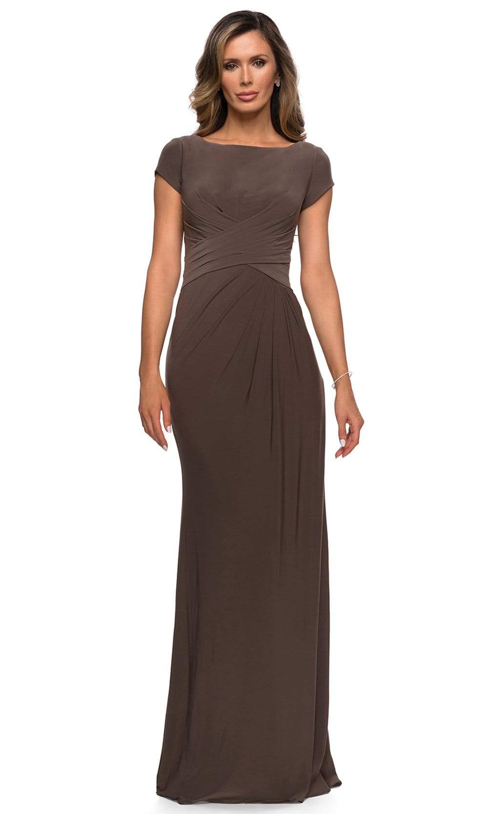 La Femme - 28026 Bateau Neck Cap Sleeve Sleek Jersey Long Dress Mother of the Bride Dresses 2 / Cocoa