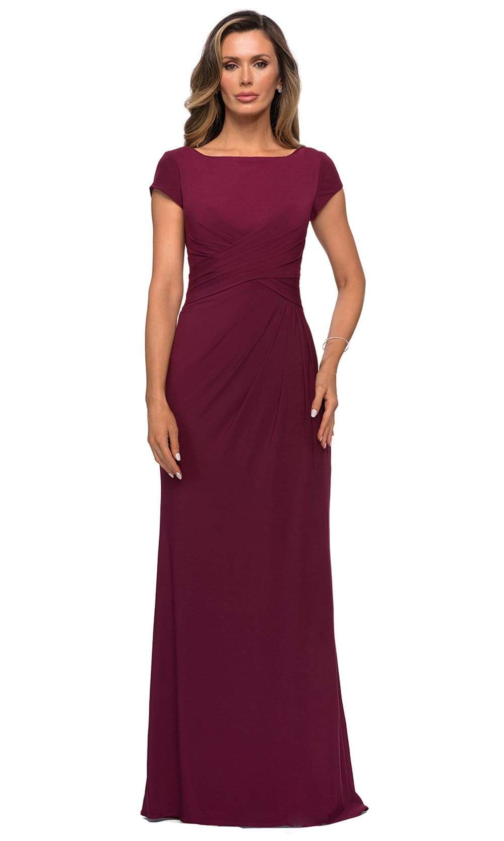 La Femme - 28026 Bateau Neck Cap Sleeve Sleek Jersey Long Dress Mother of the Bride Dresses 2 / Wine