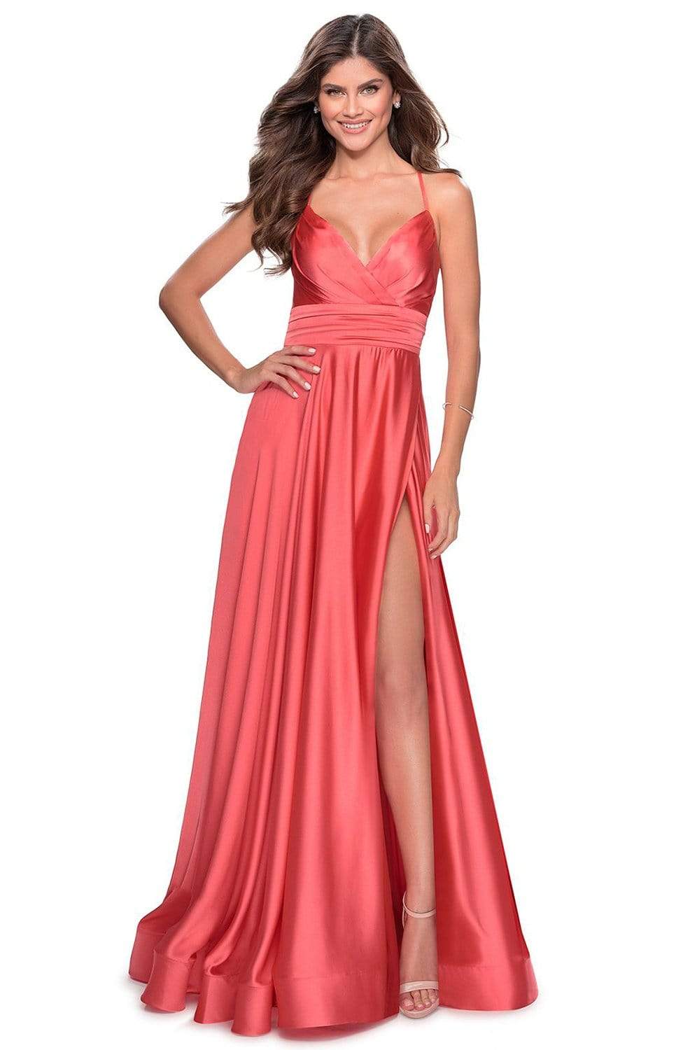 La Femme - 28571 Satin Deep V-neck A-line Gown Bridesmaid Dresses