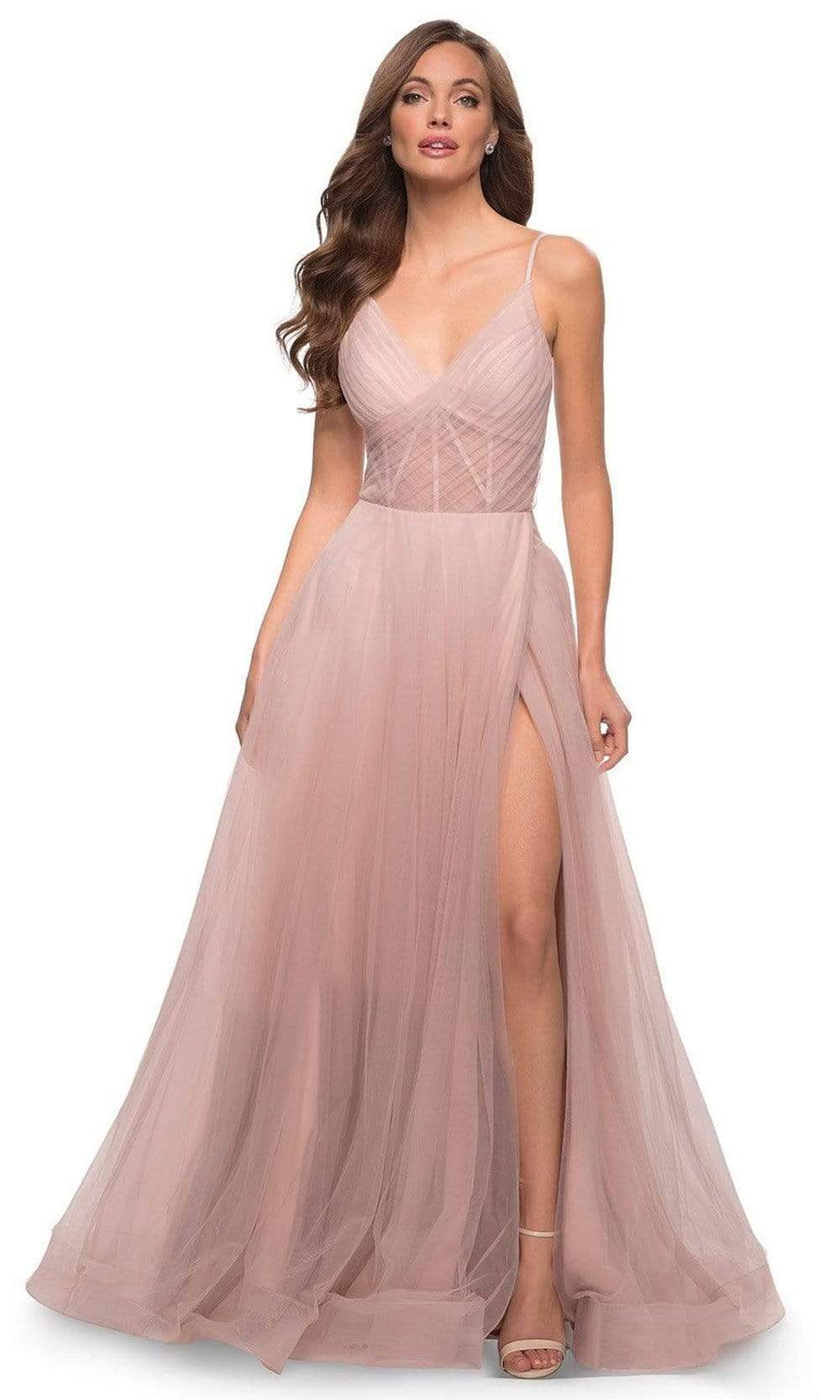 La Femme - Spaghetti Strap A-Line Prom Gown 29076SC In Pink