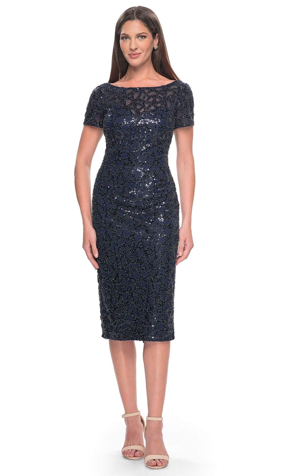 La Femme 30043 - Short Sleeve Sequin Embellished Dress Cocktail Dresses 4 / Navy