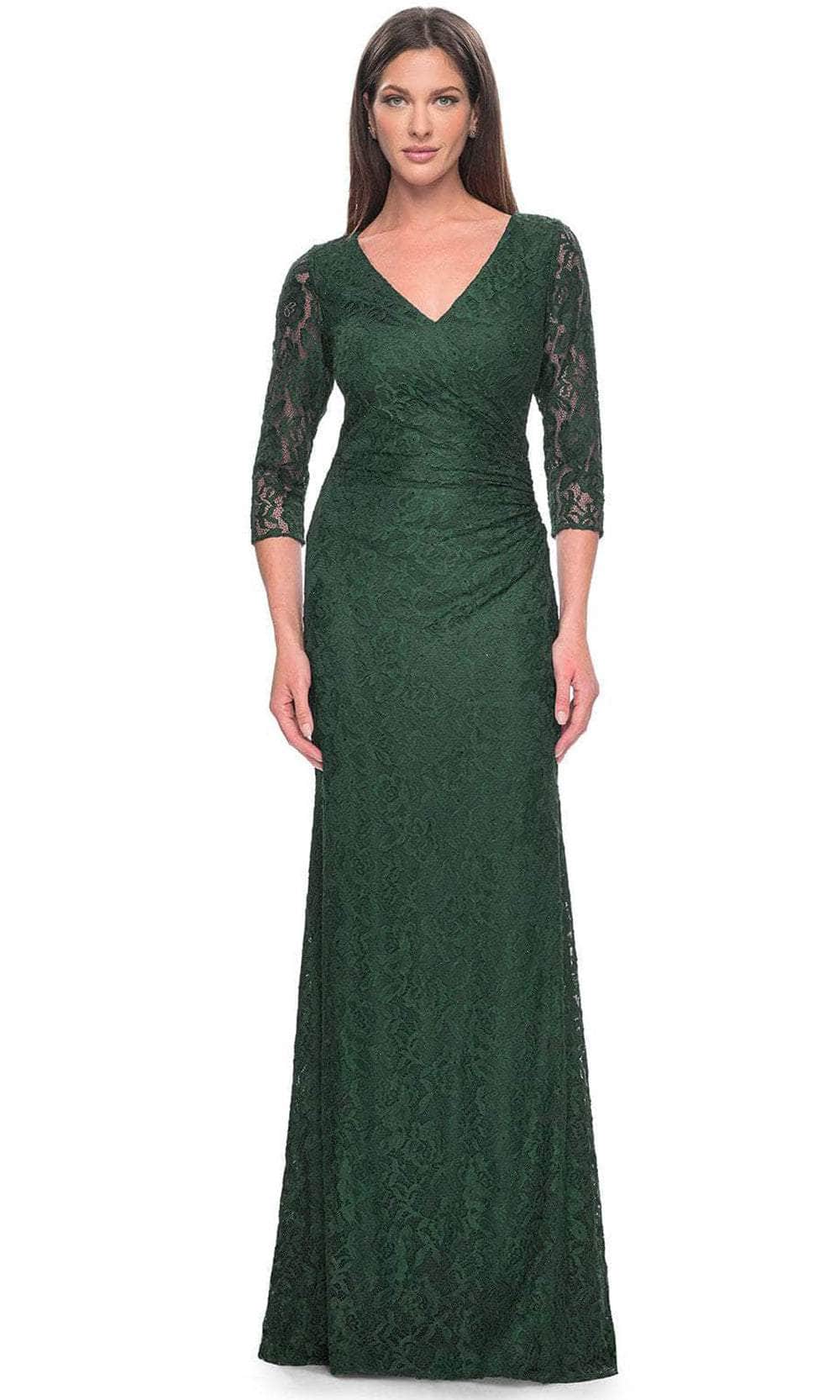 La Femme Women's Stretch Lace Evening Dress with Ruching - Green - Maxi dresses La Femme Women's Stretch Lace Evening Dress with Ruching - Green - Maxi dresses