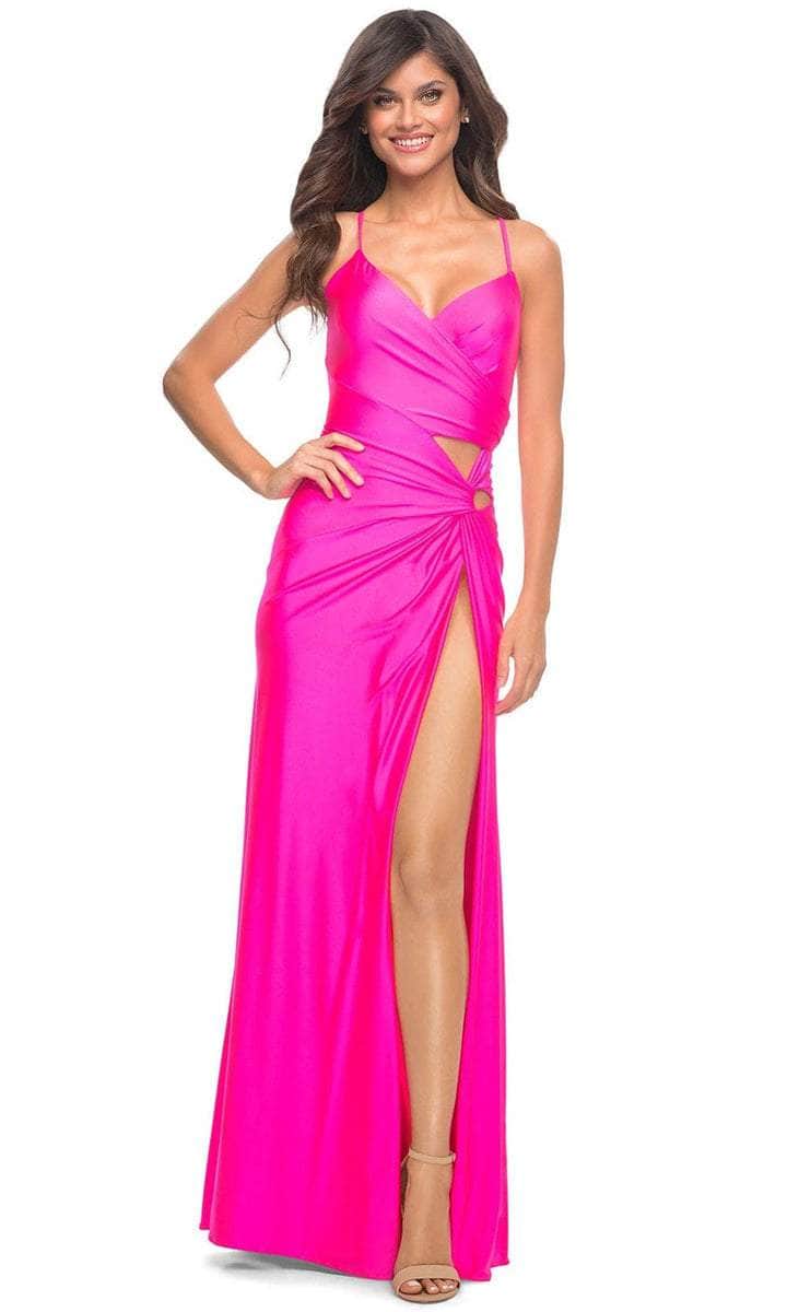 La Femme - 30667SC Sleeveless Ruched V-neck Evening Dress - 1 pc Neon Pink in Size 4 Available CCSALE 4 / Neon Pink