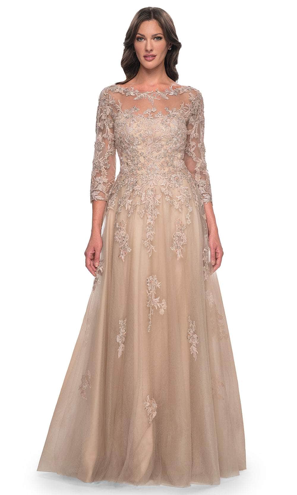 La Femme 30859 - Bateau Neck Embroidered Gown Prom Dresses 4 / Champagne