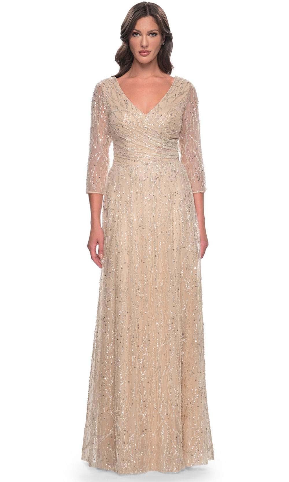 La Femme 30911 - Long Beaded A Line Dress - Ruched, Illusion Three Quarter Sleeves, Sequin Embellished, Full Length, V Back, Back Zipper ADASA La Femme 30911 - Long Beaded A Line Dress - Ruched, Illusion Three Quarter Sleeves, Sequin Embellished, Full Length, V Back, Back Zipper ADASA