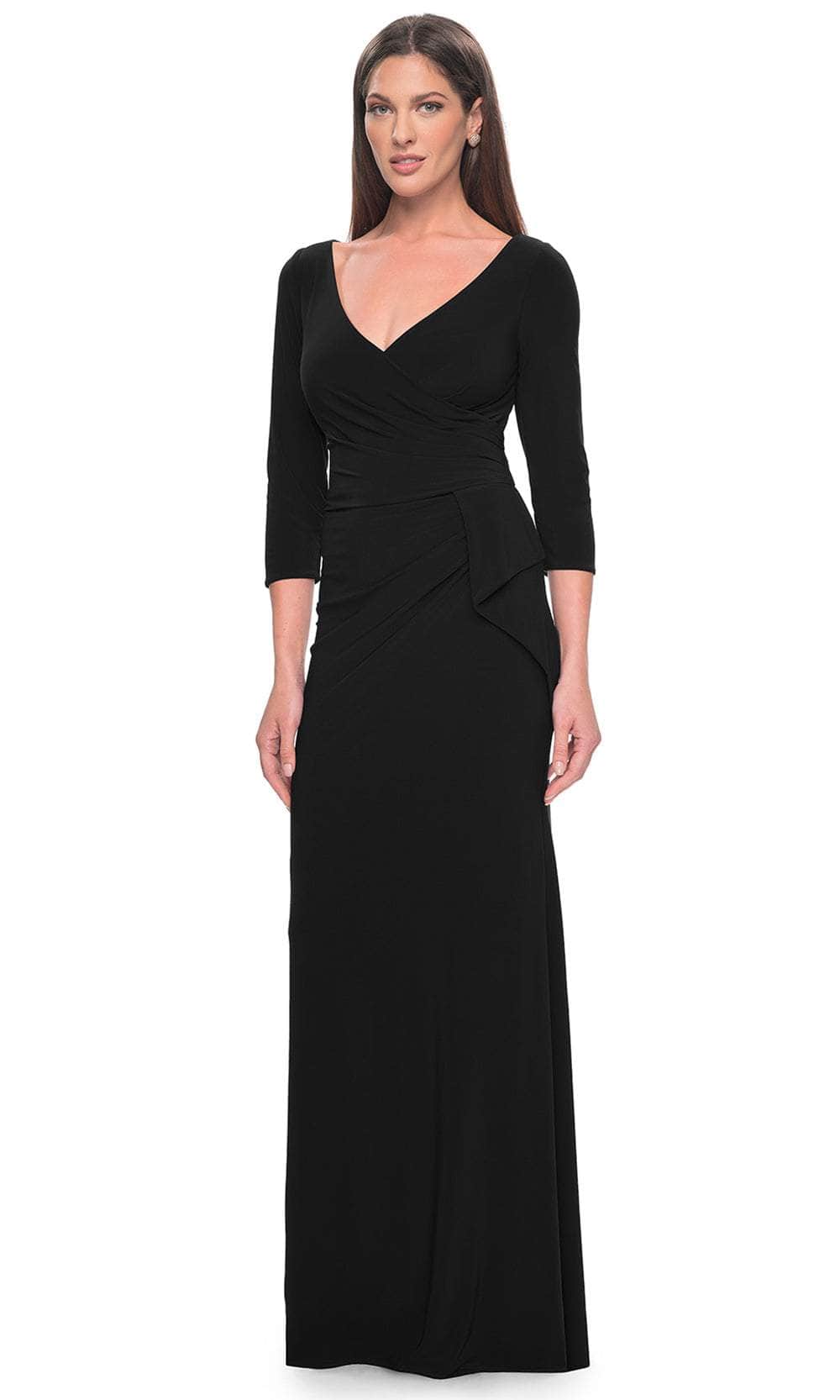 La Femme 30967 - Long Jersey Sheath Dress - Long Sleeves, Faux Wrap Bodice, Ruching, Semi-Full Back, Concealed Zipper Closure, Ruffle Accent, Floor La Femme 30967 - Long Jersey Sheath Dress - Long Sleeves, Faux Wrap Bodice, Ruching, Semi-Full Back, Concealed Zipper Closure, Ruffle Accent, Floor