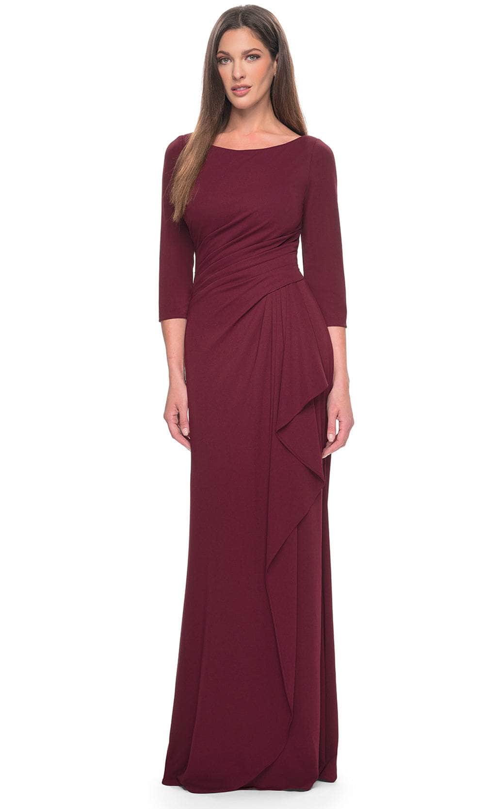 La Femme 31705 - Long Jersey Sheath Dress - Fitted, Three Quarter Sleeves, Draped Waist, Ruffles, Full Length, Full Back, Back Zipper, Ruched Back ADASA La Femme 31705 - Long Jersey Sheath Dress - Fitted, Three Quarter Sleeves, Draped Waist, Ruffles, Full Length, Full Back, Back Zipper, Ruched Back ADASA