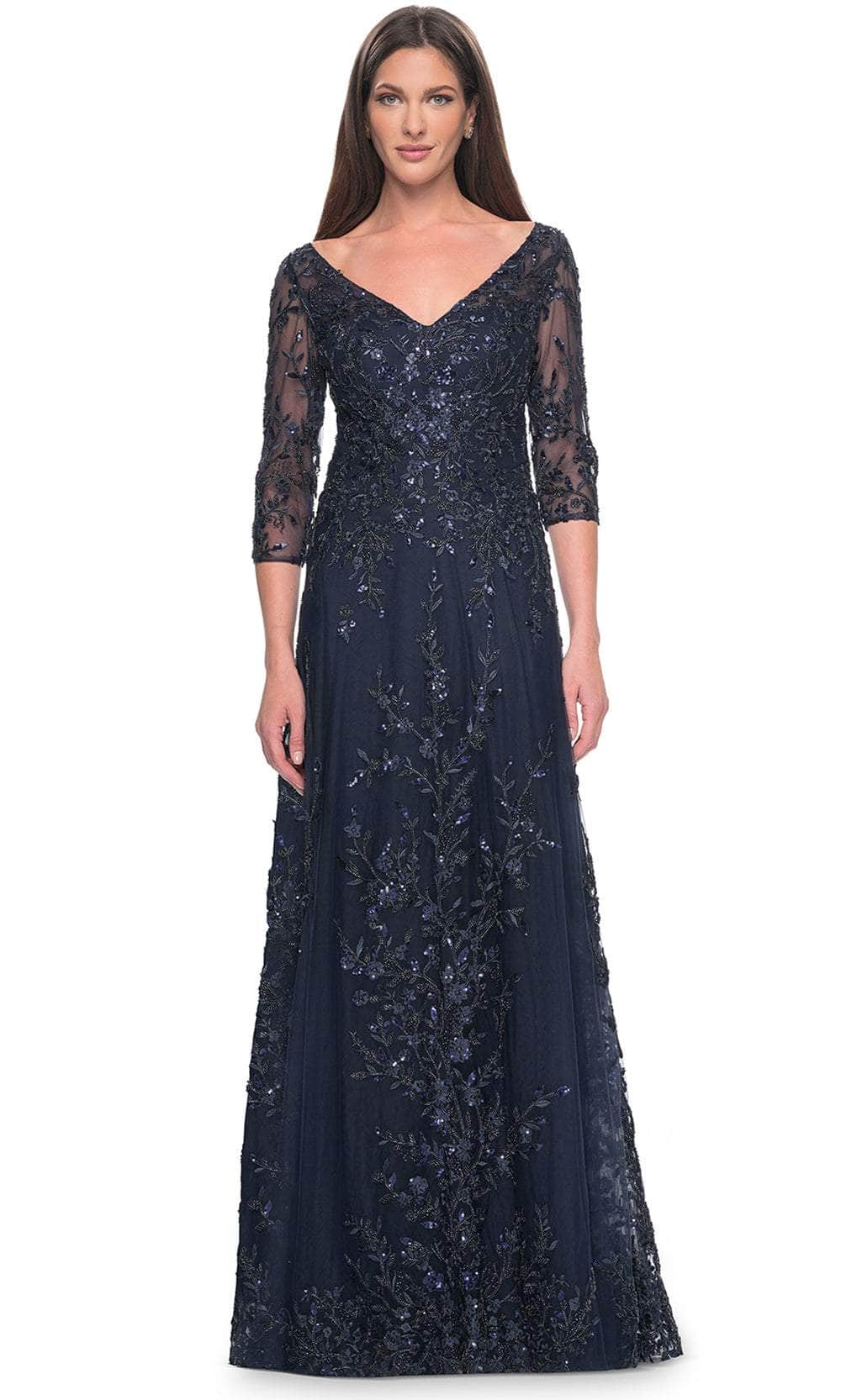 La Femme 31719 - Long Beaded Lace A Line Dress - Floral Lace Appliques, Sequins, Illusion Three Quarter Sleeves, Full Length, Full Back, Back Zipper La Femme 31719 - Long Beaded Lace A Line Dress - Floral Lace Appliques, Sequins, Illusion Three Quarter Sleeves, Full Length, Full Back, Back Zipper