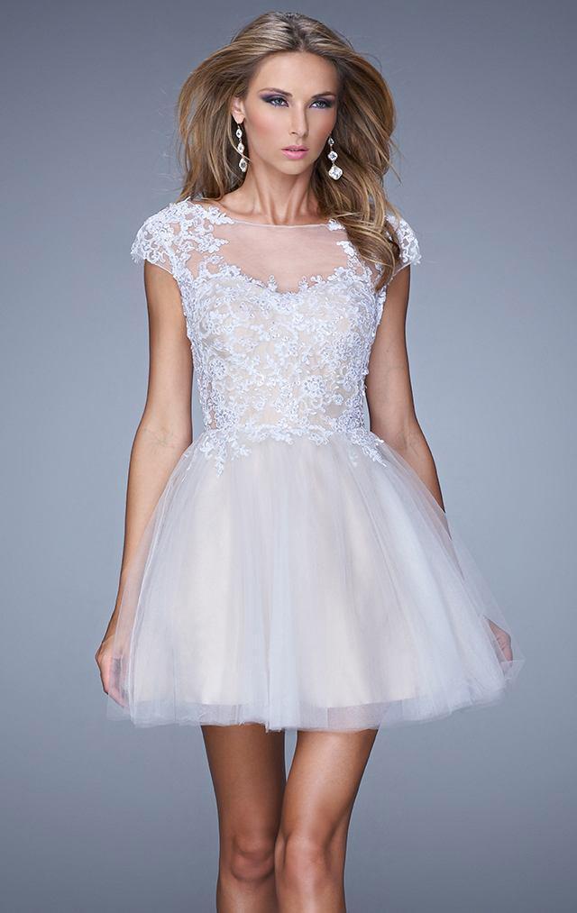 La Femme - Cap Sleeve Appliqued Illusion Bateau A-line Dress 20781SC - 1 pc Sherbert In Size 00 Available CCSALE 00 / Sherbert Pink