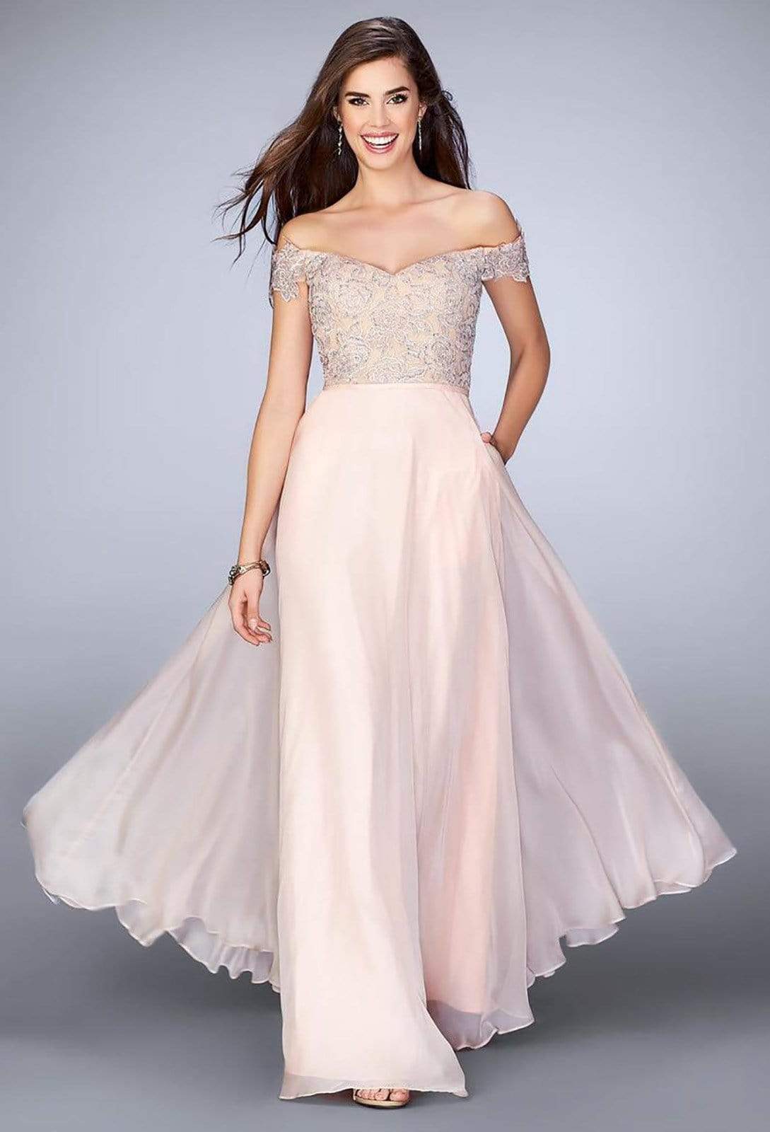 La Femme Off-Shoulder Embellished Dress in Ivory 24001SC - 1 Pc Ivory in Size 10 Available CCSALE 10 / Ivory