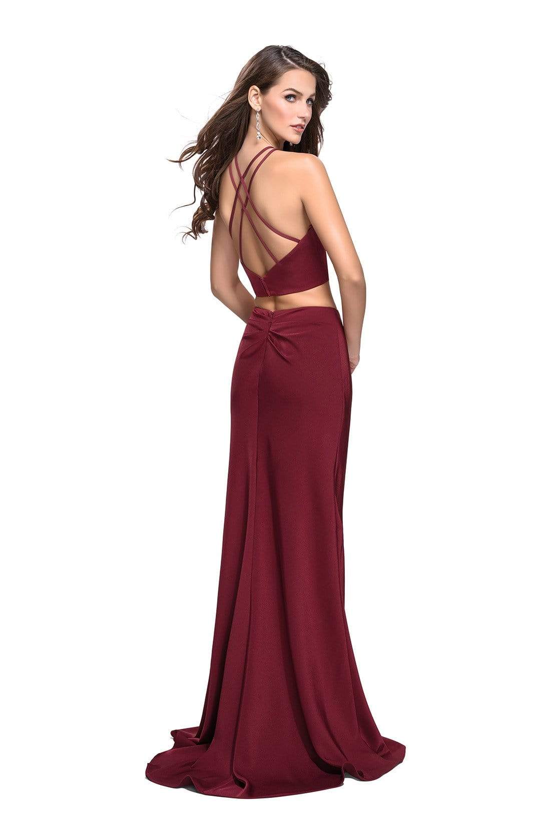 La Femme - Two Piece Deep V-neck Ruched Sheath Dress 25731SC - 1 pc Burgundy In Size 0 Available CCSALE 0 / Burgundy