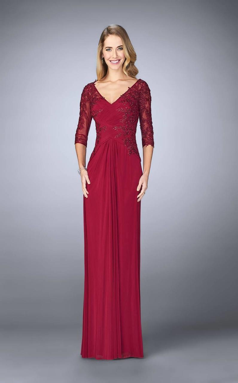 La Femme V-Neck Lace Quarter Length Sleeves Ruched Dress 23118 - 1 pc   ADASA