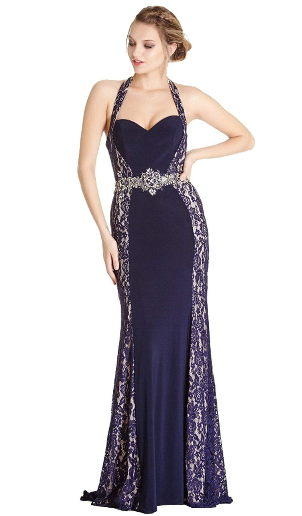 Lace Halter Sheath Evening Dress Prom Dresses XXS / Navy