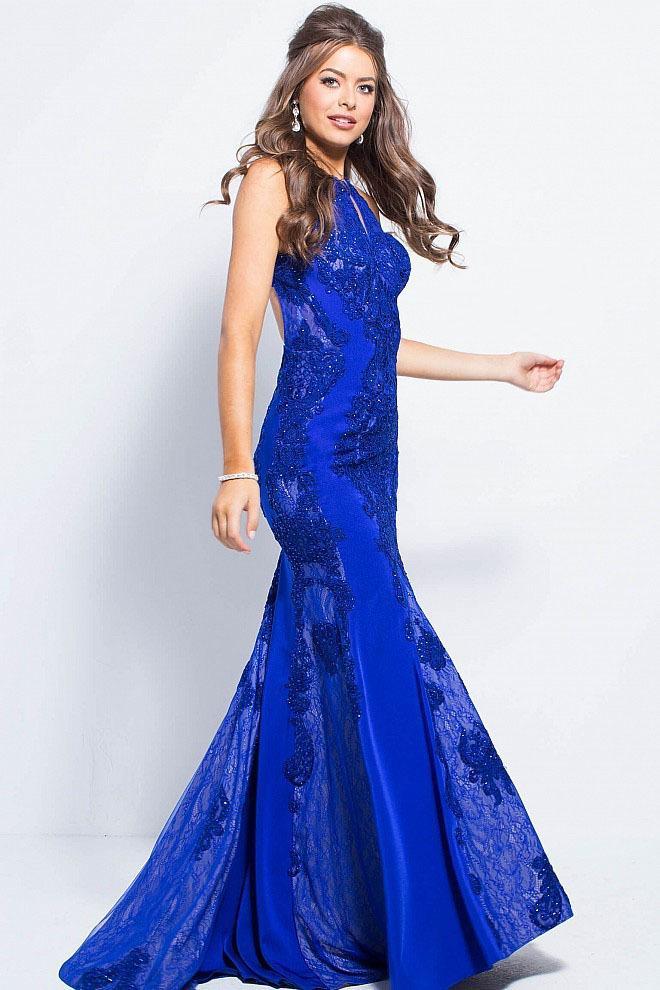 Jovani - Fitted Beaded Lace Halter Evening Dress JVN55869 in Blue