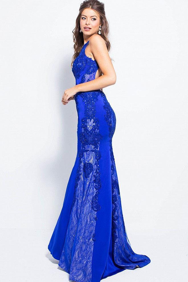 Jovani - Fitted Beaded Lace Halter Evening Dress JVN55869 in Blue