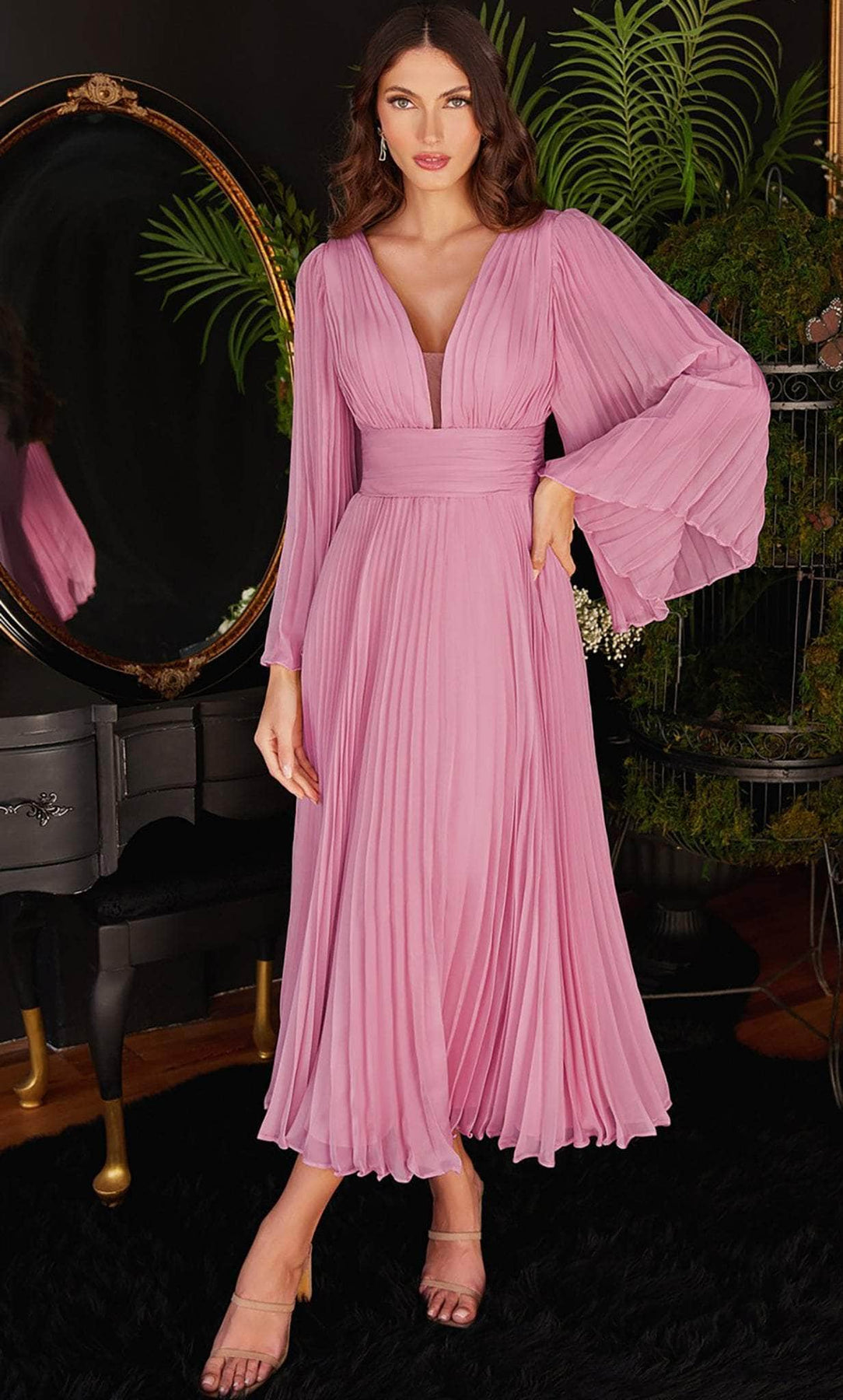 Ladivine CD242S - Bell Sleeve Pleated Formal Dress Prom Dresses