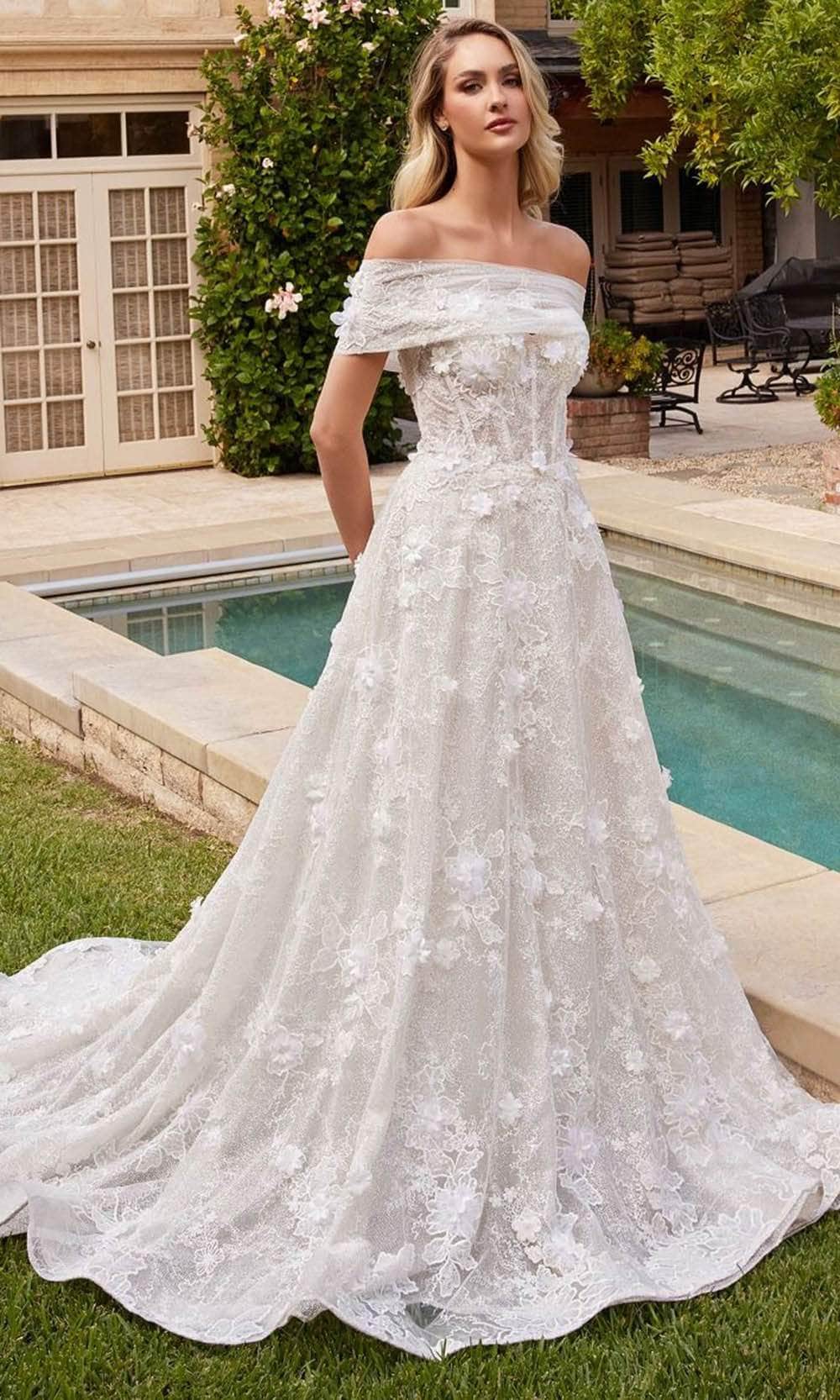 Ladivine CD860W - Floral Applique Embellished Dress 2 / Off White