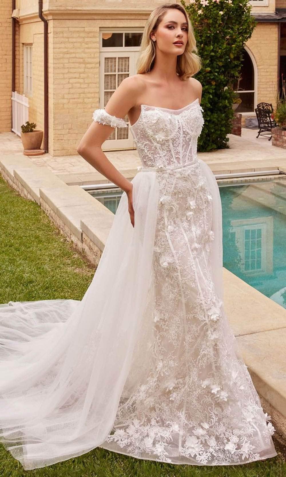 Ladivine CD861W - Long Lace A-Line/Sheath Dress - Fitted Bodice, Sheer Boning Structure, Dimensional Floral Appliques, Removable Tulle Overskirt ADASA Ladivine CD861W - Long Lace A-Line/Sheath Dress - Fitted Bodice, Sheer Boning Structure, Dimensional Floral Appliques, Removable Tulle Overskirt ADASA