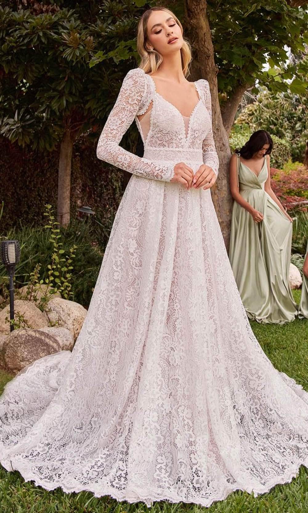 Ladivine CD862W - Long Lace A-Line Dress - Side Cut-Outs, Sheer Insert, Removable Sleeves, Scalloped Lace Hem, Open Back, Back Zipper Closure, Train ADASA Ladivine CD862W - Long Lace A-Line Dress - Side Cut-Outs, Sheer Insert, Removable Sleeves, Scalloped Lace Hem, Open Back, Back Zipper Closure, Train ADASA