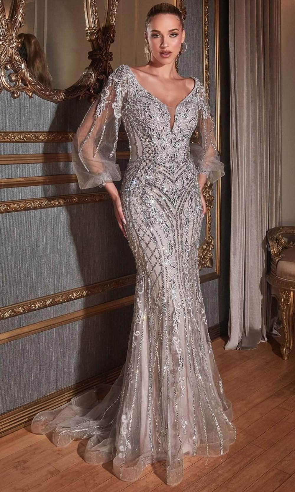 Ladivine CD864 - Plunging V-Neck Evening Dress 6 / Silver