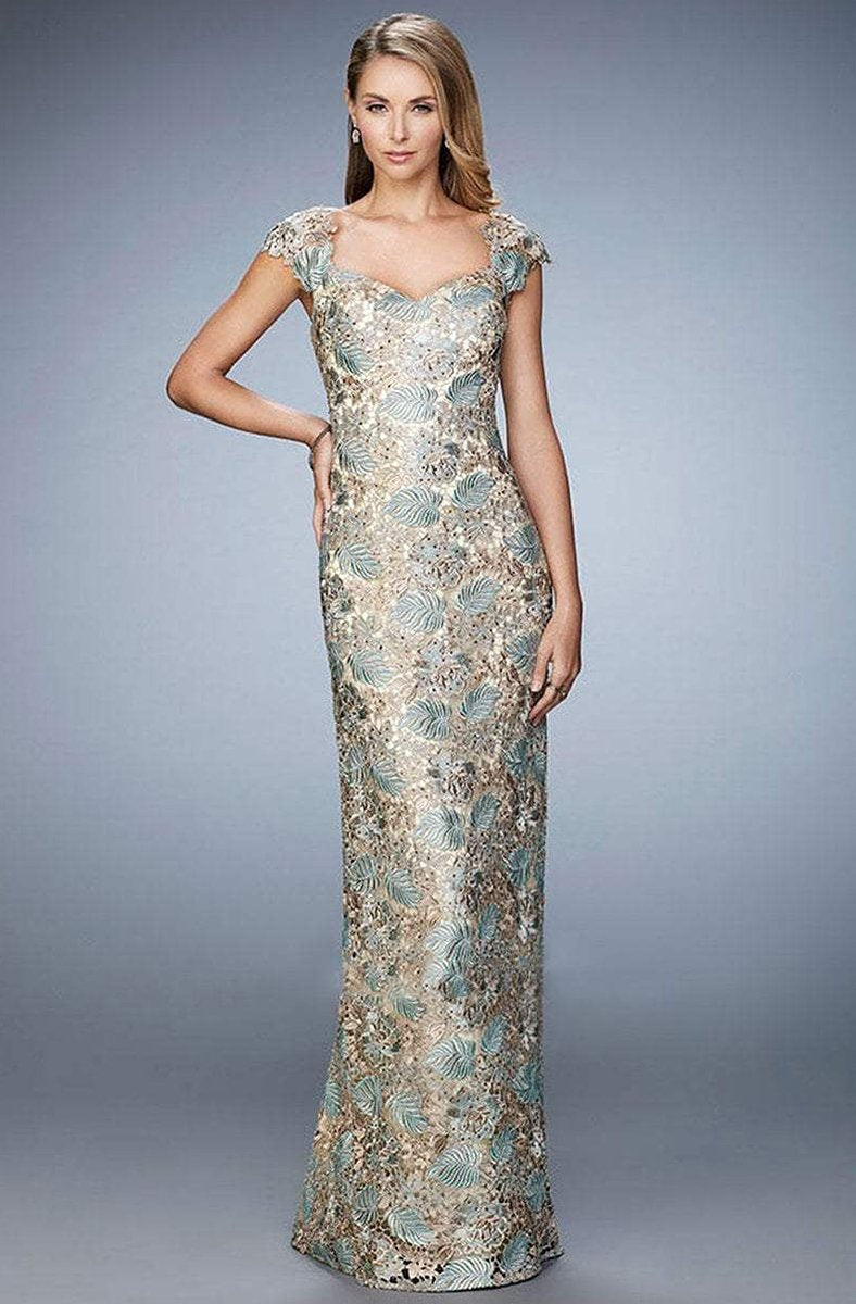 La Femme - 22984 Capsleeve Lace Brocade Evening Gown In Gold and Blue