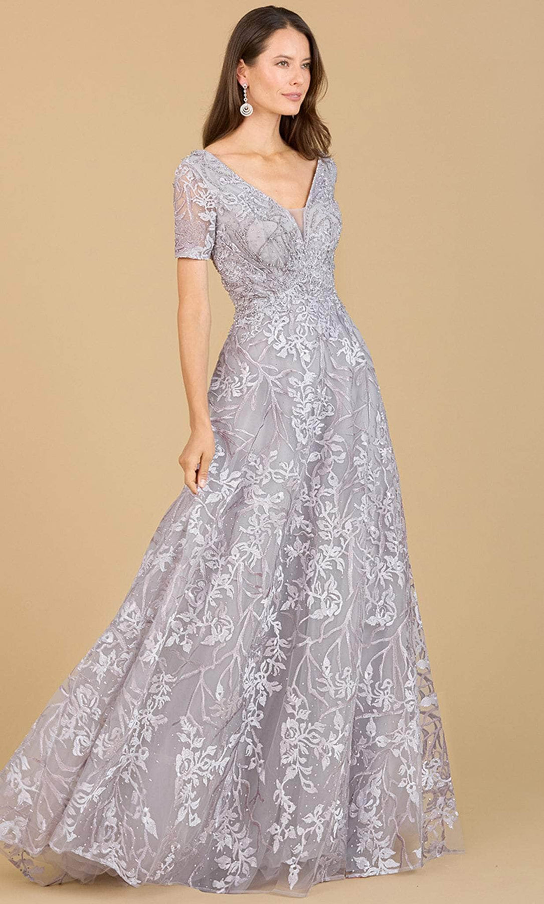 Lara Dresses 29193 - Short Sleeve A-Line Evening Gown Special Occasion Dress 4 / Stone