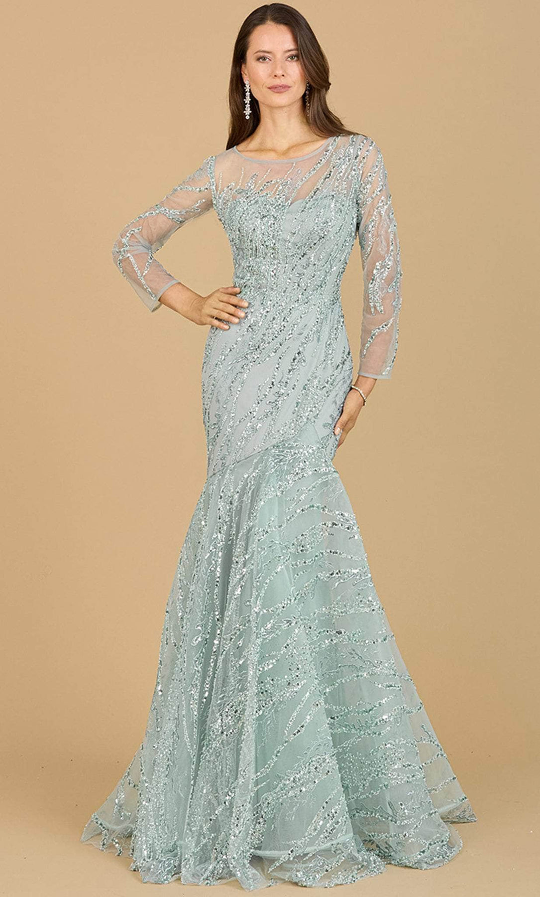 Lara Dresses 29199 - Beaded Illusion Scoop Evening Gown Special Occasion Dress 4 / Seafoam