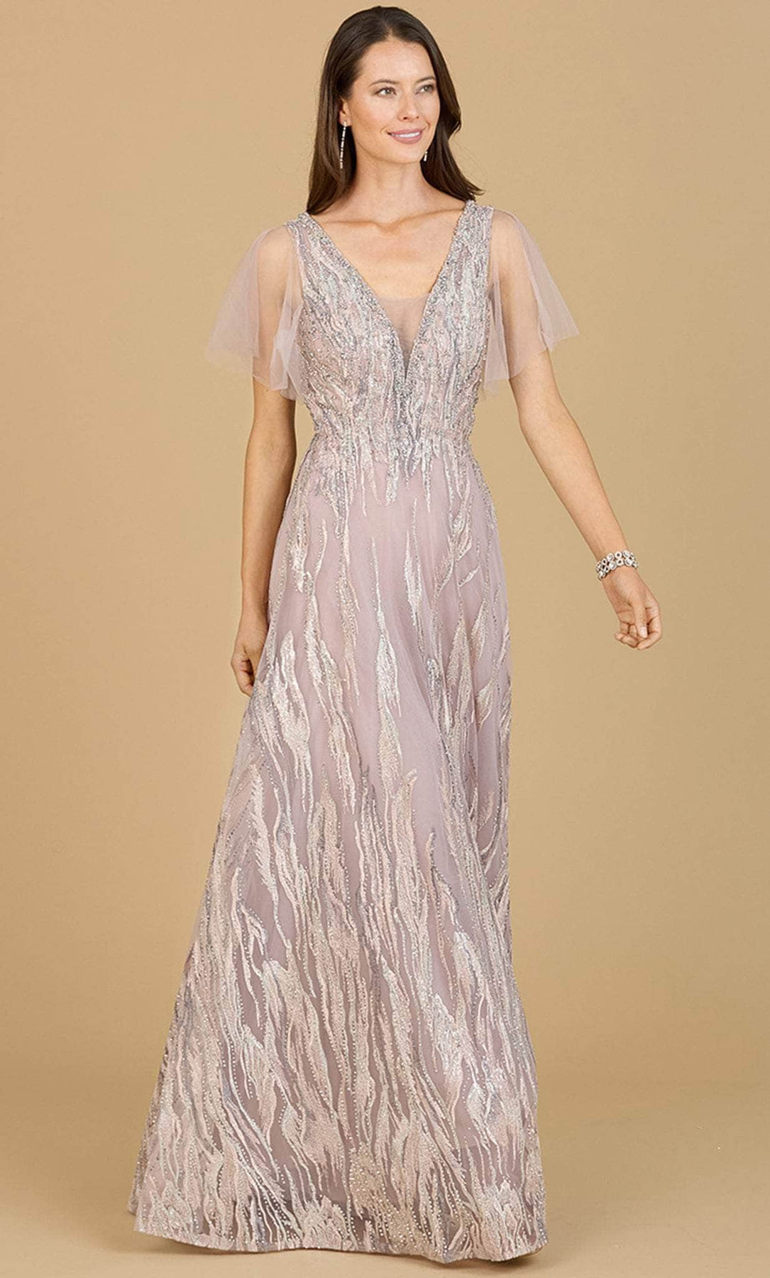 Lara Dresses 29201 - V-Neck Sheer Cape Sleeve Evening Gown Special Occasion Dress 4 / Dusty Rose