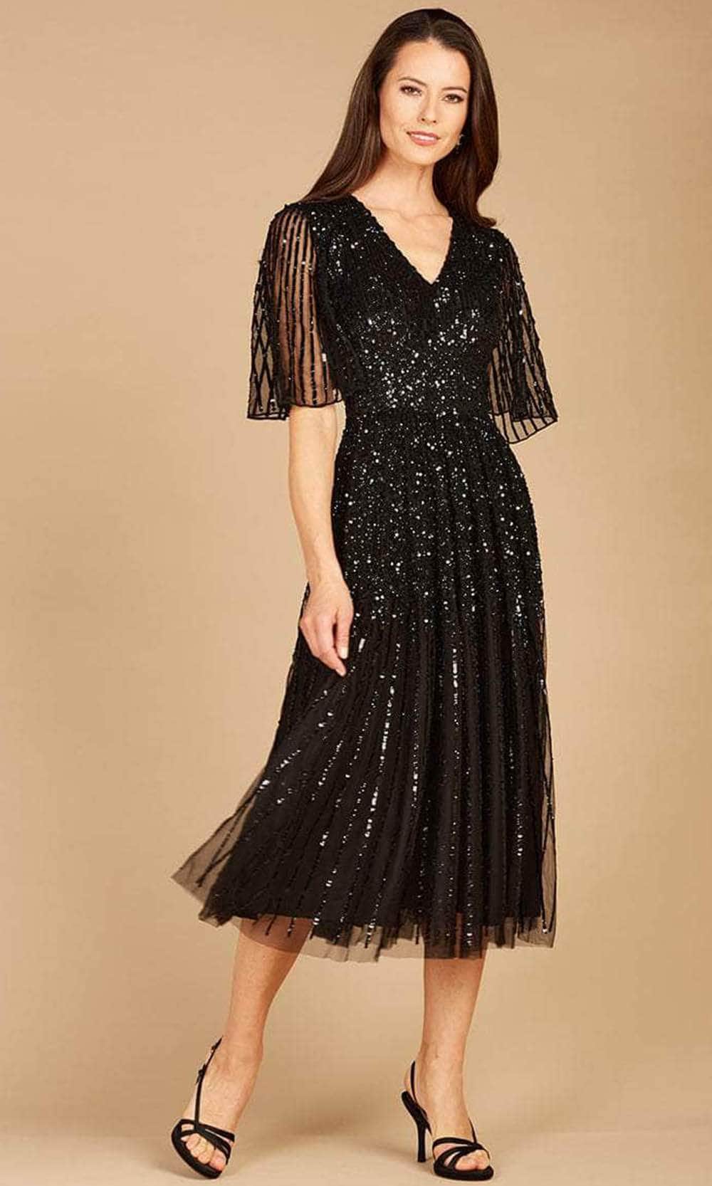 Lara Dresses 29221 - Tea Length A-line Dress - Short sleeves, Beading, TUlle, Back zipper 2 / Black Lara Dresses 29221 - Tea Length A-line Dress - Short sleeves, Beading, TUlle, Back zipper 2 / Black