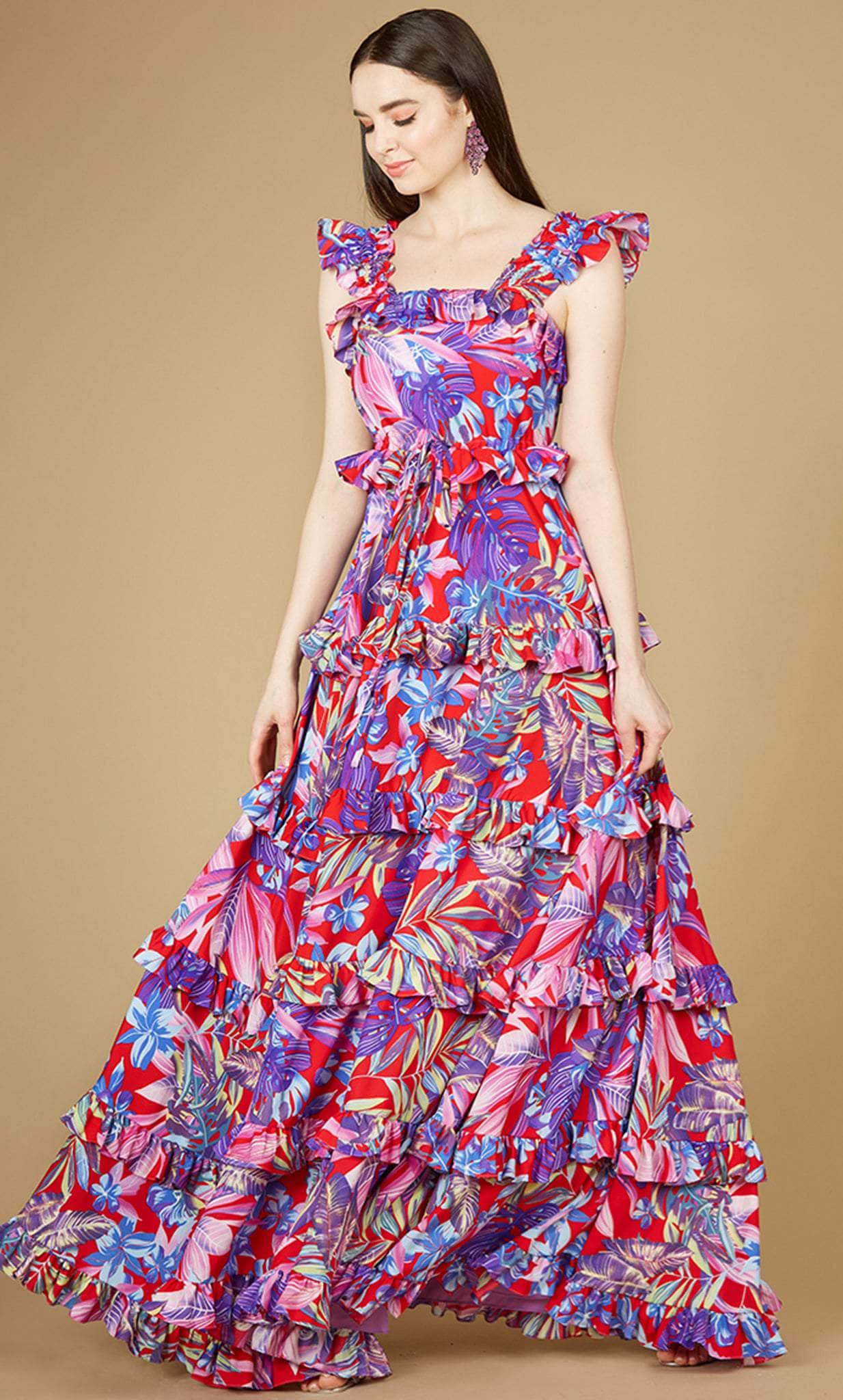 Lara Dresses 29271 - Ruffled Print Maxi Dress Special Occasion Dress 0 / Red