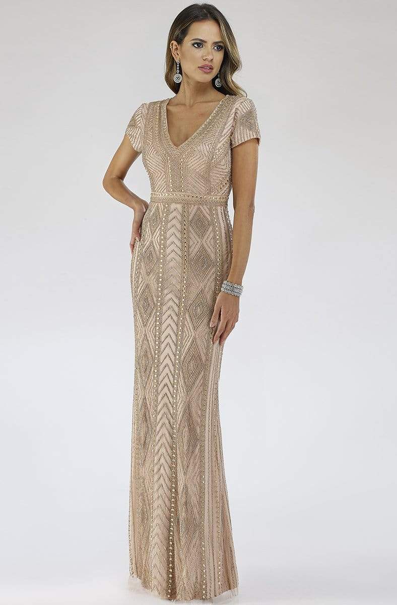 Lara Dresses - 29606 Beaded V-Neck Column Dress Mother of the Bride Dresses 0 / Champagne