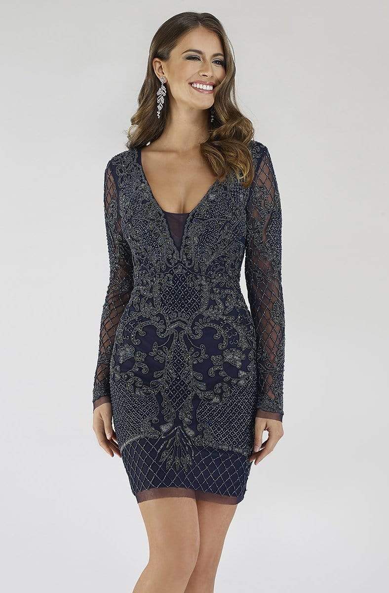 Lara Dresses - 29610 Beaded Long Sleeves Cocktail Dress Wedding Guest 0 / Navy