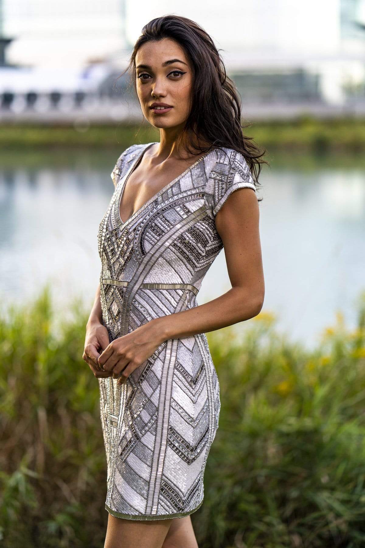 Lara Dresses - 29909 Cap Sleeve Geometric Beaded Short Dress Special Occasion Dress