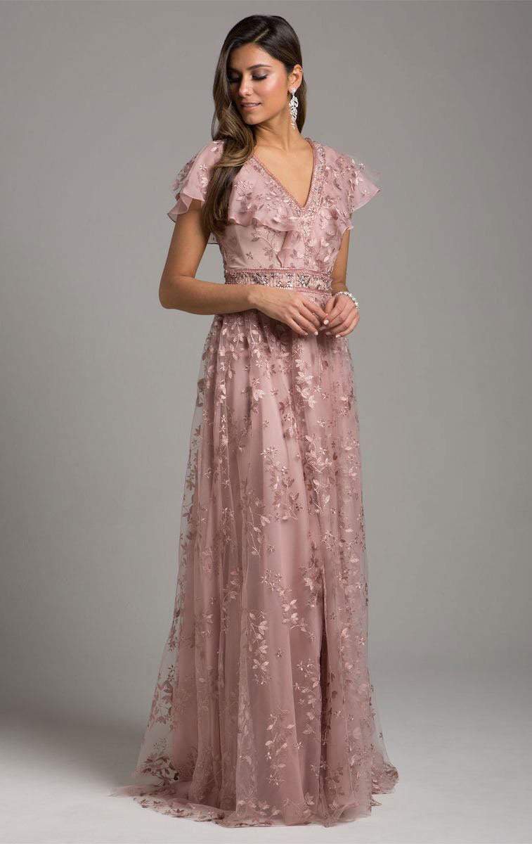 Lara Dresses 29966 - Long A-Line Dress - Floral Bead Embellishments, Ruffled Cap Sleeves, Pleated Skirt, Floor Length, V back, Back Zipper Closure, Sweep Train ADASA Lara Dresses 29966 - Long A-Line Dress - Floral Bead Embellishments, Ruffled Cap Sleeves, Pleated Skirt, Floor Length, V back, Back Zipper Closure, Sweep Train ADASA