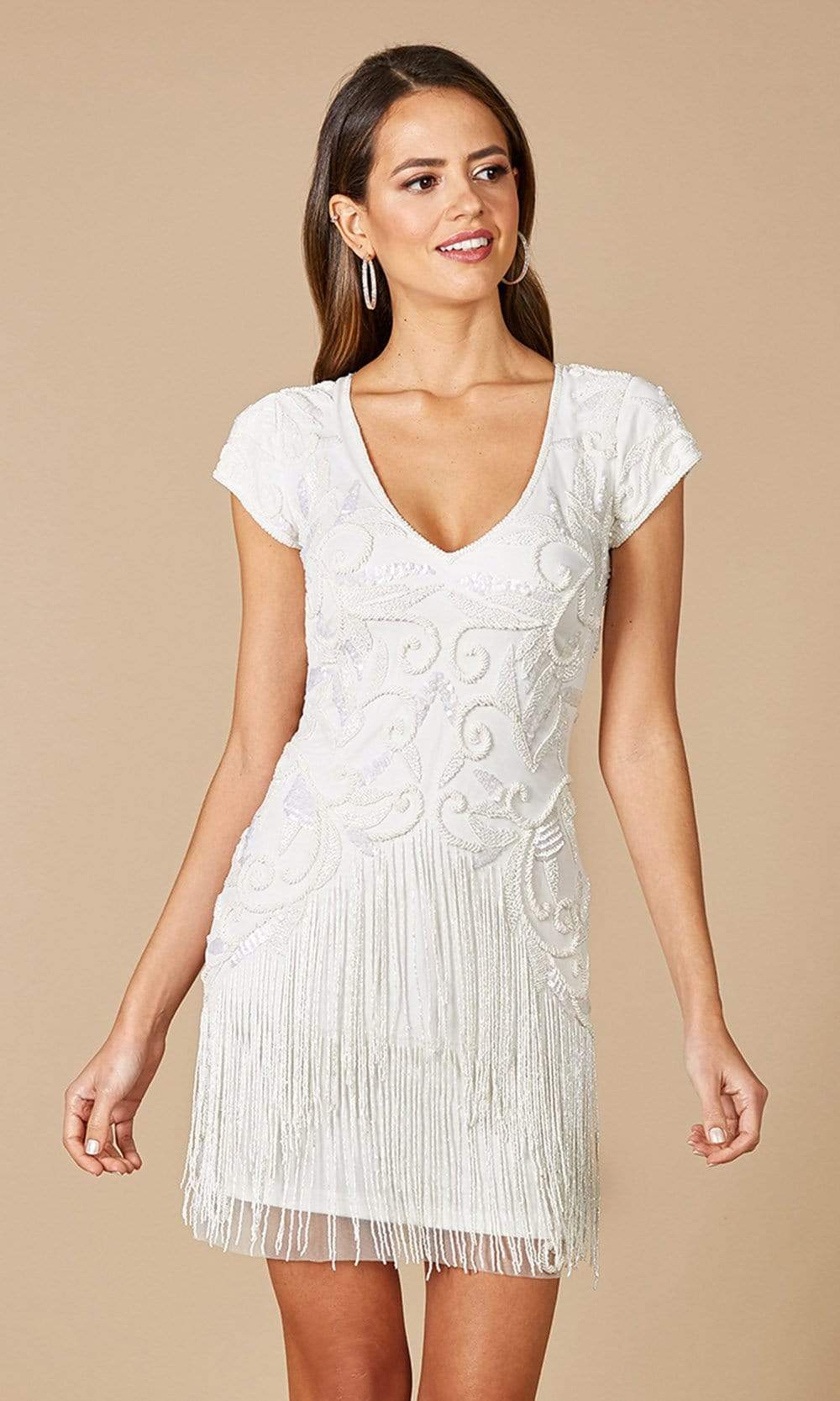 Lara 51053 Candie V-Neck Beaded Mini Dress with Fringe Ivory / 4 Lara 51053 Candie V-Neck Beaded Mini Dress with Fringe Ivory / 4