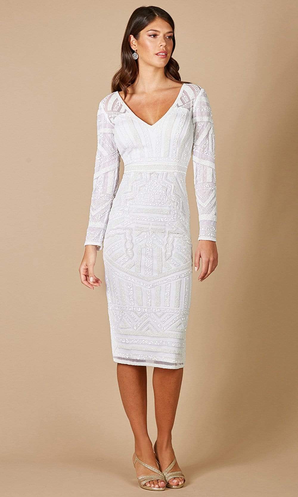Lara Dresses 51076 - Knee Length Sheath Dress - Beaded, Long Sleeves, V-Open Back, Zipper Closure, Back Slit, Knee Length Hem 2 / Ivory Lara Dresses 51076 - Knee Length Sheath Dress - Beaded, Long Sleeves, V-Open Back, Zipper Closure, Back Slit, Knee Length Hem 2 / Ivory